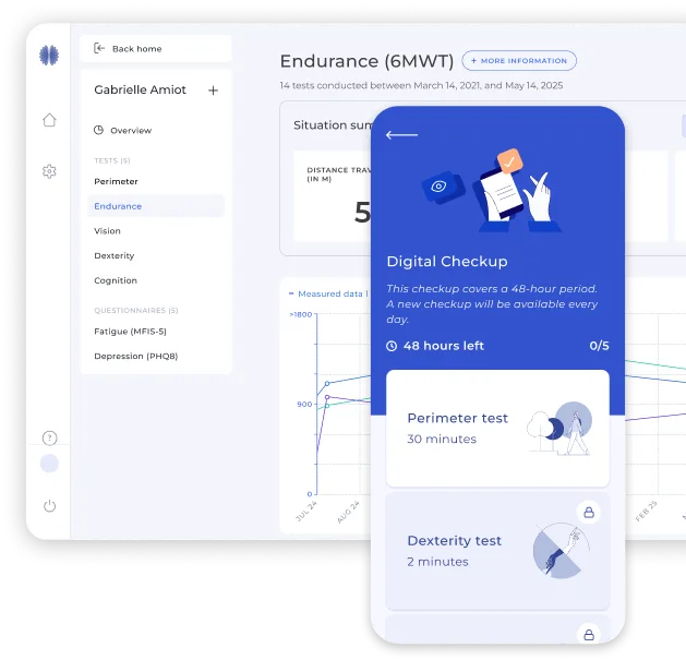 MSCopilot interface — clinical dashboard and mobile app