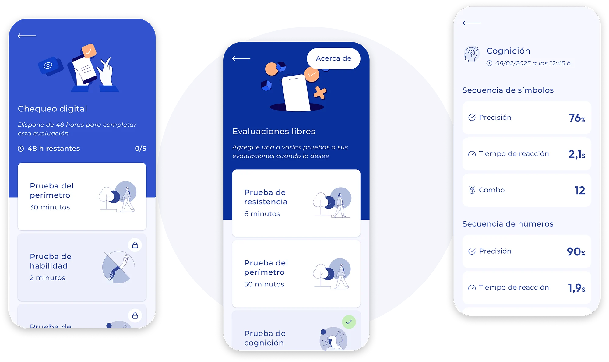 Pantallas de la aplicación MSCopilot — evaluaciones y pruebas libres